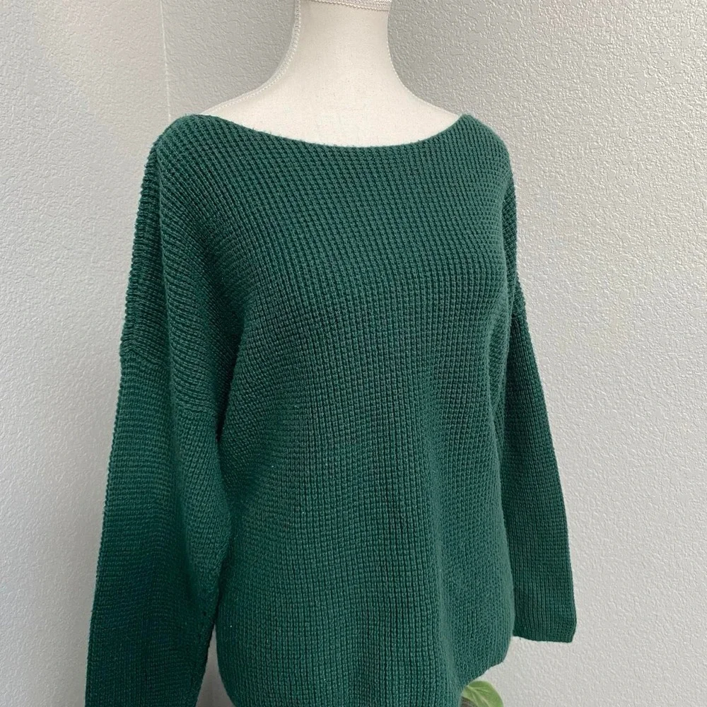 LORD & TAYLOR FOREST GREEN WAFFLE KNIT PULLOVER WOOL BLEND SWEATER DARK COTTAGE